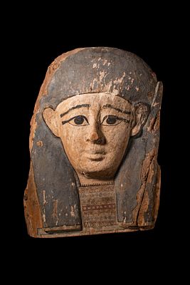 LARGE EGYPTIAN PAINTED SARCOPHAGUS PANEL WITH MASK. Late Period to Ptolemaic Period, Ca. 664 - 