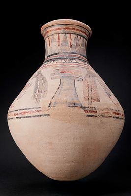 EGYPTIAN BLUE-PAINTED TERRACOTTA JAR WITH DJED PILLARS AND ANKHS. Amarna Period, Ca. 1353 - 1336 