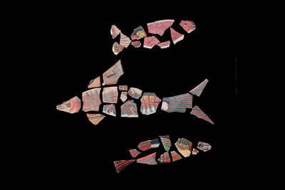 COLLECTION OF THREE EGYPTIAN MOSAIC GLASS FRAGMENTARY FISH INLAYS - EX CHRISTIE'S - EX GROPPI. Ca 