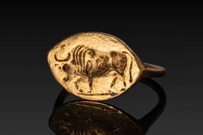FINE GREEK SOLID HIGH KARAT GOLD RING WITH BULL. Ca. 500 - 400 BC. A gold ring with a slender 
