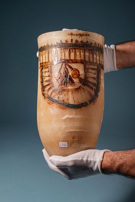 MAGNIFICENT EGYPTIAN PAINTED ALABASTER CERIMONIAL JAR. New Kingdom, Ca. 1550 - 1069 BC. A 
