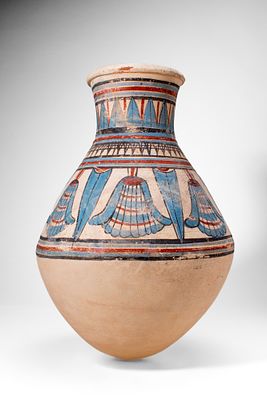 EGYPTIAN TERRACOTTA JAR WITH NILOTHIC PLANTS. Amarna Period, Ca. 1353 - 1336 BC. A pottery jar 