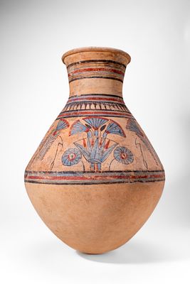 EGYPTIAN TERRACOTTA JAR WITH NILOTHIC PLANTS, ANKHS AND WAS SCEPTRES. Amarna Period, Ca. 1353 - 