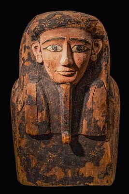 EGYPTIAN ANTHROPOMORPHIC WOODEN SARCOPHAGUS LID. Late Period, 26th Dynasty, Ca. 664 - 525 BC. A 