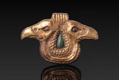 RARE EGYPTIAN GOLD PENDANT WITH VULTURES. Late Period - Roman Period, Ca. 664 BC - 200 AD. A 