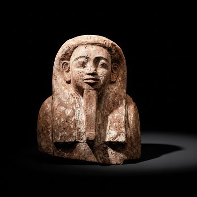LARGE EGYPTIAN WOODEN SARCOPHAGUS MASK. Late Period, Ca. 664 - 332 BC. A carved wooden mummy 
