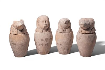 RARE EGYPTIAN LIMESTONE CANOPIC JARS. Late Period, Ca. 664 - 332 BC. A complete set of four 