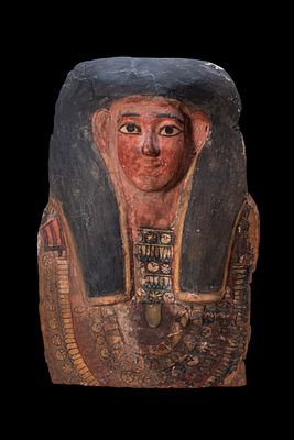 EGYPTIAN UPPER PART OF AN ANTHROPOID COFFIN. Late Period to Ptolemaic Period, Ca. 664 - 30 BC. 