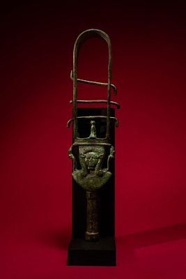 LARGE EGYPTIAN BRONZE SISTRUM WITH HATHOR. Late Period to Ptolemaic Period, Ca. 664 - 30 BC. A 