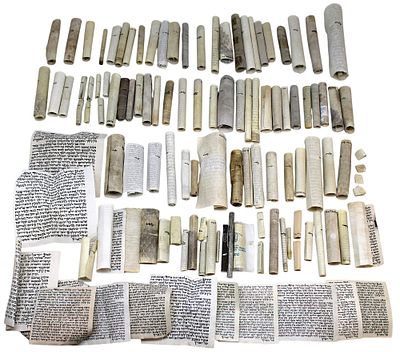 A Very Large Collection of Mezuzah Scrolls Written on Parchment. An extensive collection of over 