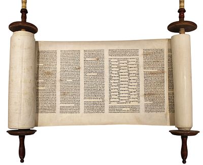 A Complete Torah Scroll With Mantle and Atzei Chaim. This is a complete Torah scroll 