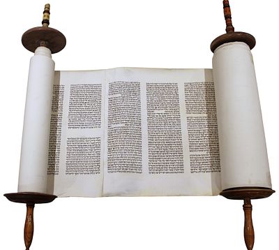 A Complete Torah Scroll with Mantle and Atzei Chaim. The Torah Scroll is a meticulously crafted 