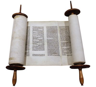 A Complete Torah Scroll With Atzei Chaim and Mantle. A Complete Torah Scroll written on klaf 