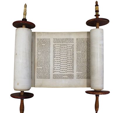 A Complete Torah Scroll With Atzei Chaim and Mantle. This Torah scroll is an exquisite example 