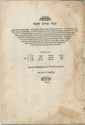 Kitzur Mordechai VeSimanav, Cremona 1557. First Edition. Copy of R. Moshe Chalfan Lifshitz 