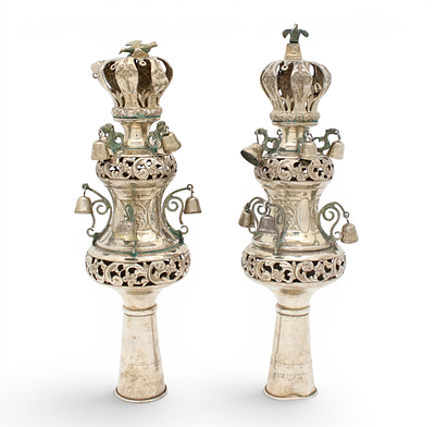 A Pair of American Silver Torah Finials (Rimonim), Dedicated 1918. An impressive and beautifully 