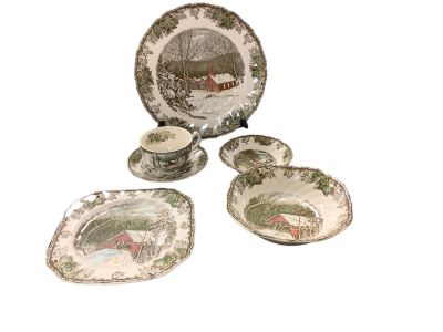 Johnson Bros. ìThe Friendly Villageî. (93) pieces.There is some crazing. (8) glasses 