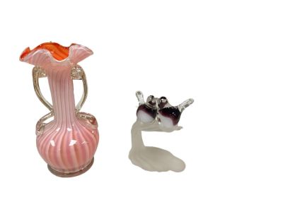 (2) Pieces Blown Glass. Vase 9.1/4" H x 4&icirc; W. Bird on branch 4.5" W x 6&icirc; H. Not signed. No 