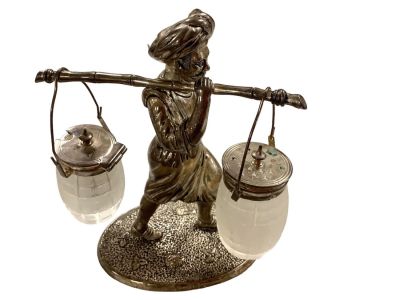 Silver Plate Figural Condiment Caddy. 5&icirc; W x 3&icirc; D x 6.25&icirc; H. With a single basket and spoon. 