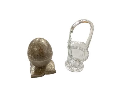 Basket and Music Box. Swedish Rhapsody India Brass Silver Music Jewelry Box and clear glass 