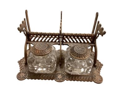 Antique Victorian Cast-iron Double Inkwell with Pen Holder. 9.5&icirc; W x 5&icirc; H. Heavy double clear 