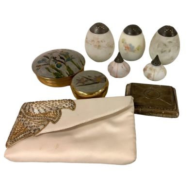 Vintage Vanity Accessories and Silk Beaded Clutch Purse. Set of five satin finish hand painted 