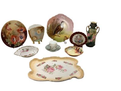 China including Hand Painted. Total of (9) pieces include dresser tray measuring 12&icirc; L x 9.25&icirc; W 