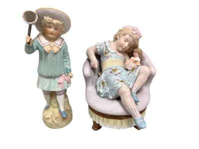 (2) Bisque Figurines. 8.5&icirc; H sleeping girl in chair . Marked "Germany R W Royal Royal 