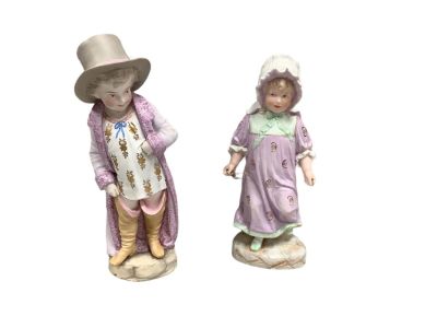 (2) Bisques Figurines. 13&icirc; H , 12&icirc; H, unmarked. Condition: We have endeavored to describe all 