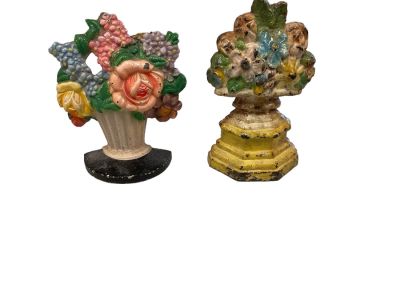 Antique Cast Iron Flower Basket Door Stops Lot of 2. 6&icirc; and 6.5&icirc; T. Condition: We have 