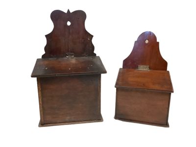 Primitive Covered Salt Boxes Lot of 2. Larger box measures 7.75&icirc; L x 4.75&icirc; D x 7&icirc; H (14&icirc; H 