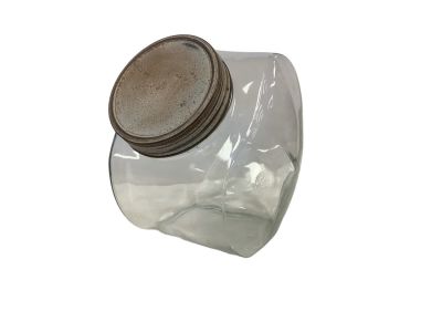 Glass Storage Jar with Screw-on Lid Opening measures 5&icirc;D. Has a chip in the glass on the rim 