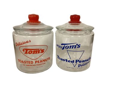 Two Tomís Prop. Distb. Peanut Jars. Two Tom&iacute;s Prop. Distb. Peanut Jars Red and blue Jars 