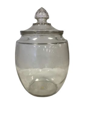 Clear Glass Counter Jar with Lid Measures 9&icirc;Dx13.5&icirc;H with lid. Has some bubbles in the glass. 
