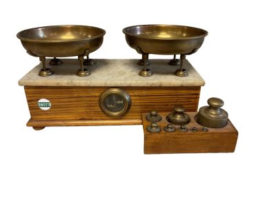 Antique Apothecary Scale Box with marble top including weights, 6&icirc; x 14&icirc; L weight and weight 