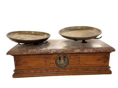 Antique Apothecary Scale Hand carved wooden base scale with removable marble top, glass viewing 