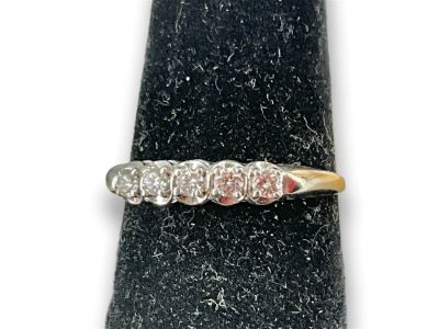 14kt White Gold Diamond Wedding Band Size (8.25) polished tapered shank ring containing (5) 