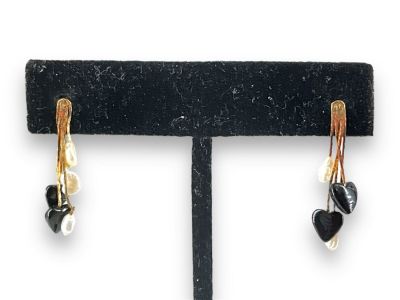 14kt Yellow Gold Dangle Earrings with Rice Pearls and Heart-Shaped Onyx Stones Stamped and 