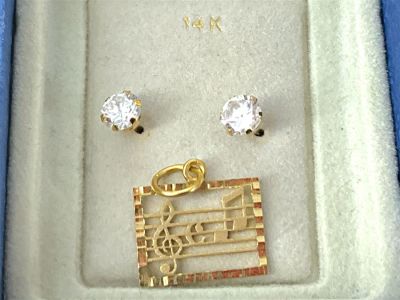 14k Crystal Stud Earrings and 14k Clever Musical Note Pendant Tested 14k y/g stud earrings have 