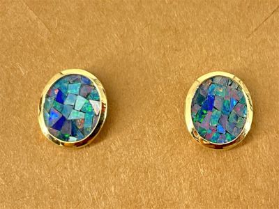 14kt Yellow Gold Earrings With Chipped Opal Inlay Oval shaped tops measuring approx. (13.2mmx. 