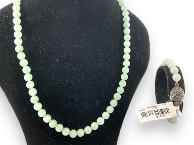 Jade Stone Necklace and Bracelet 7" bracelet with marcasite adorned clasp, 17.5" princess 