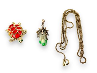 Carved Jade Pendant, Chain and Turtle Pin Pierced and carved jade pendant is approx 1&icirc; tall, is 