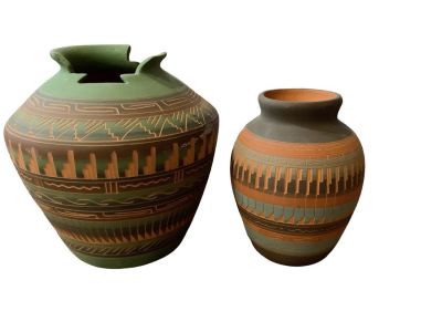 American Indian Pottery. American Indian Pottery Lot of (2). The large green pot is marked "SW 