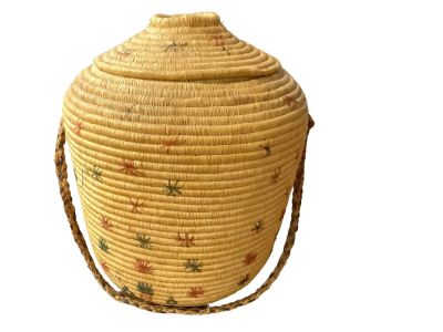 American Indian Basket. American Indian Basket Coiled basket with lid with hole and braided 