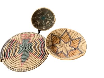 Handwoven Basketry. Handwoven Basketry Lot of (3) includes an 11" diameter basket, a 14" 