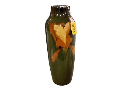 Glazed Pottery Vase 12" x 4.5". Glazed Pottery Vase Orange and yellow flower on dark green 