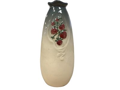 Weller Vase 9.5" x 4". Weller Vase Strawberries on sides, ceramic, two-tone dark green/cream 