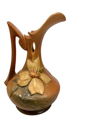 Vintage Roseville Pottery Clematis Pitcher 10" tall, including spout. Vintage Roseville Pottery 