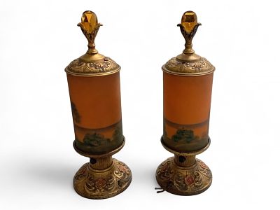 Pair of Decorative Lamps 14" tall. Pair of Decorative Lamps Metal and glass, the cords are 