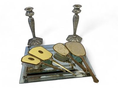 Vintage Dresser Items. Vintage Dresser Items 12" silver plate Candlestick holders. 2 brush and 